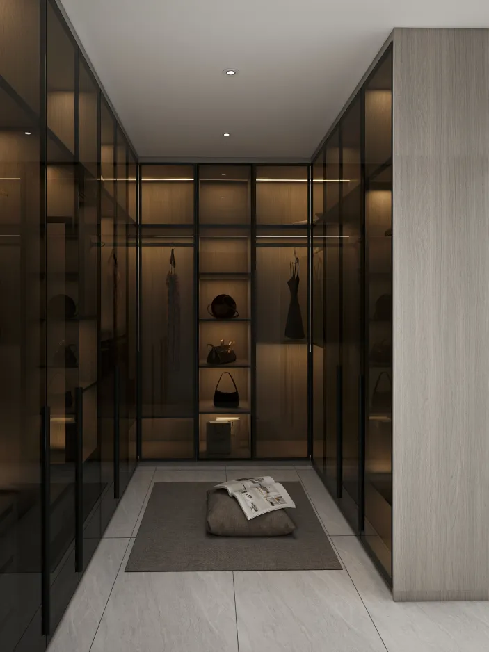 The wardrobe combination features a sophisticated Dark Grey Maple finish for the cabinet bodies, seamlessly complemented by sleek gray glass doors.