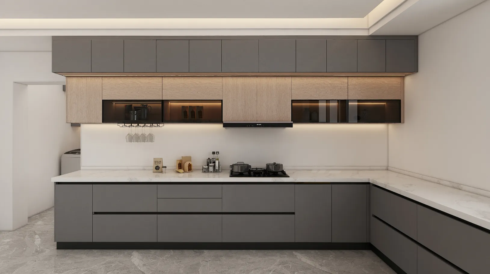 The use of high-quality plywood for the kitchen cabinets ensures durability while adding a warm aesthetic to the space. The plywood kitchen cabinets, each section is meticulously designed to maximize storage, featuring clever kitchen cabinet organizers that keep essentials neatly arranged and easily accessible.