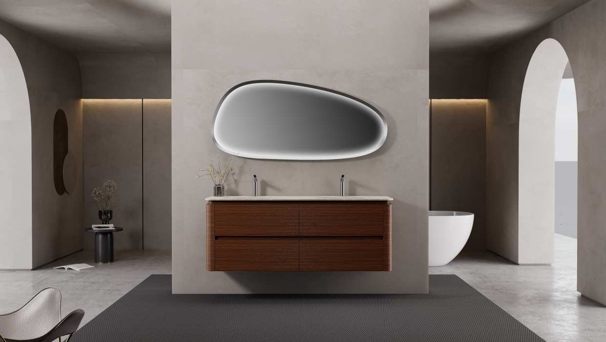 It is a wall mounted bathroom vanity designed around soft curves, natural wood-inspired texture, and floating installation.