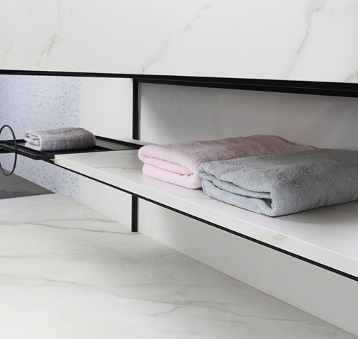 Transform your bathroom into a luxurious retreat with our Hotel Luxury bathroom cabinets free standing Unit. Featuring a classic sintered stone finish, this laundry bathroom vanity cabinet combines elegance and functionality for the modern home.