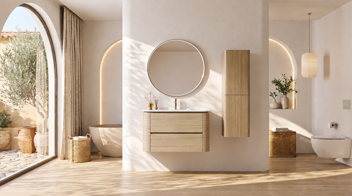 The VENUS-WH is a wall mounted bathroom vanity that combines clean flat drawer fronts with separate rounded side panels for a softer modern profile. I