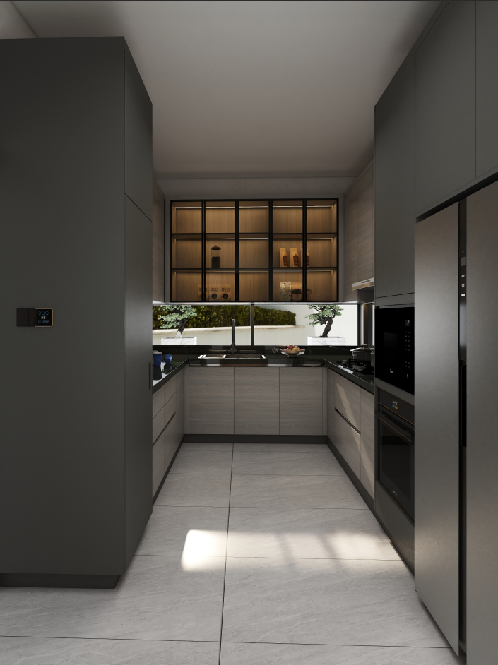 The kitchen cabinets feature a striking Dark Grey Maple and Boluo Gray finish for both the cabinet bodies and doors, providing a sleek, contemporary look that complements any culinary space. 