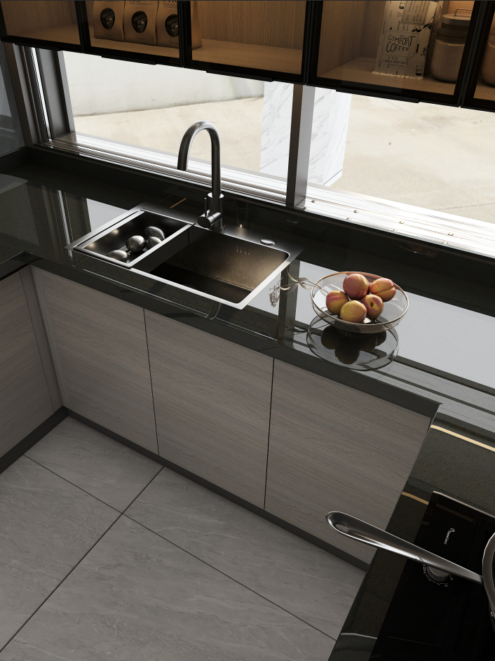 These modular kitchen cabinets setup including base cabinets, wall-mounted cabinets, and a tall storage cabinet, effectively maximizing kitchen storage solutions.