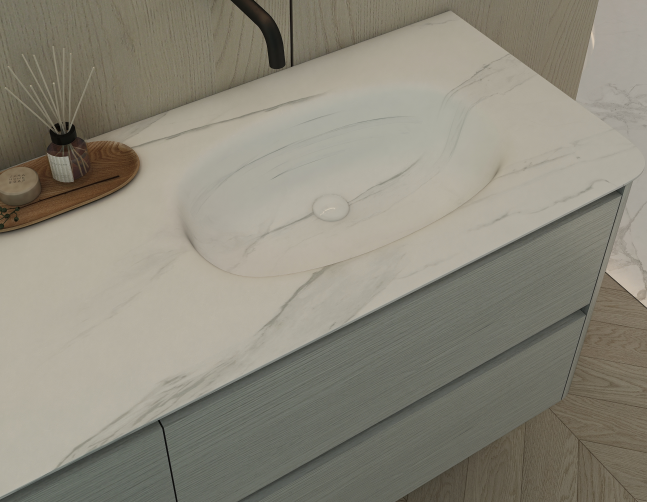 Sintered stone is extremely hard, so hot - bent basins are highly scratch - resistant. They can withstand high temperatures without deforming. The hot - bending process creates unique and sleek - lined basins with a modern aesthetic. They also have excellent waterproofing properties, preventing water seepage.