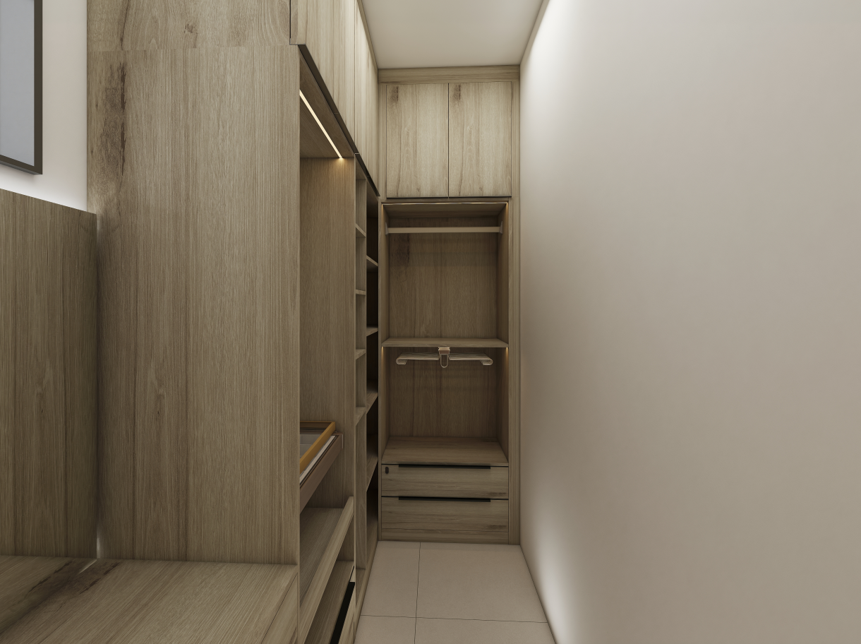 In our client William bedroom furniture project, we crafted an elegant and functional wardrobe closet tailored to our client's needs. The design features four exquisite wardrobes that beautifully blend aesthetics with practicality. Three of the wardrobes showcase a canyon oak cabinet body paired with dark khaki doors, creating a warm and inviting ambiance while ensuring robustness and style. The fourth wardrobe, a standout piece, is entirely finished in canyon oak for a seamless and cohesive look.