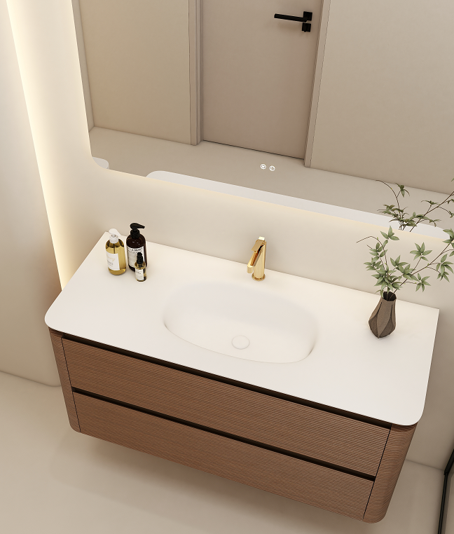 thermoformed solid-surface integrated basin.