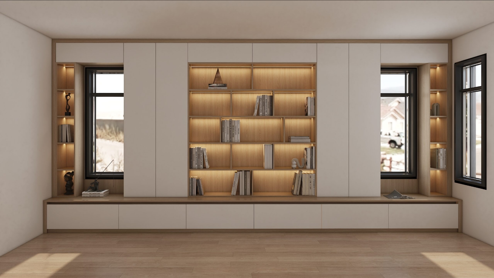 In a Michael's project, we had the pleasure of designing a stunning half-open bookshelf that perfectly blends functionality with modern aesthetics. The base of the bookcase is crafted from small walnut veneers, creating a warm and inviting backdrop for any space. Measuring 5125mm in width, 500mm in depth, and 400mm in height, the lower cabinets provide ample storage with soft-close drawers featuring a tactile white finish, ensuring a sleek and elegant appearance.