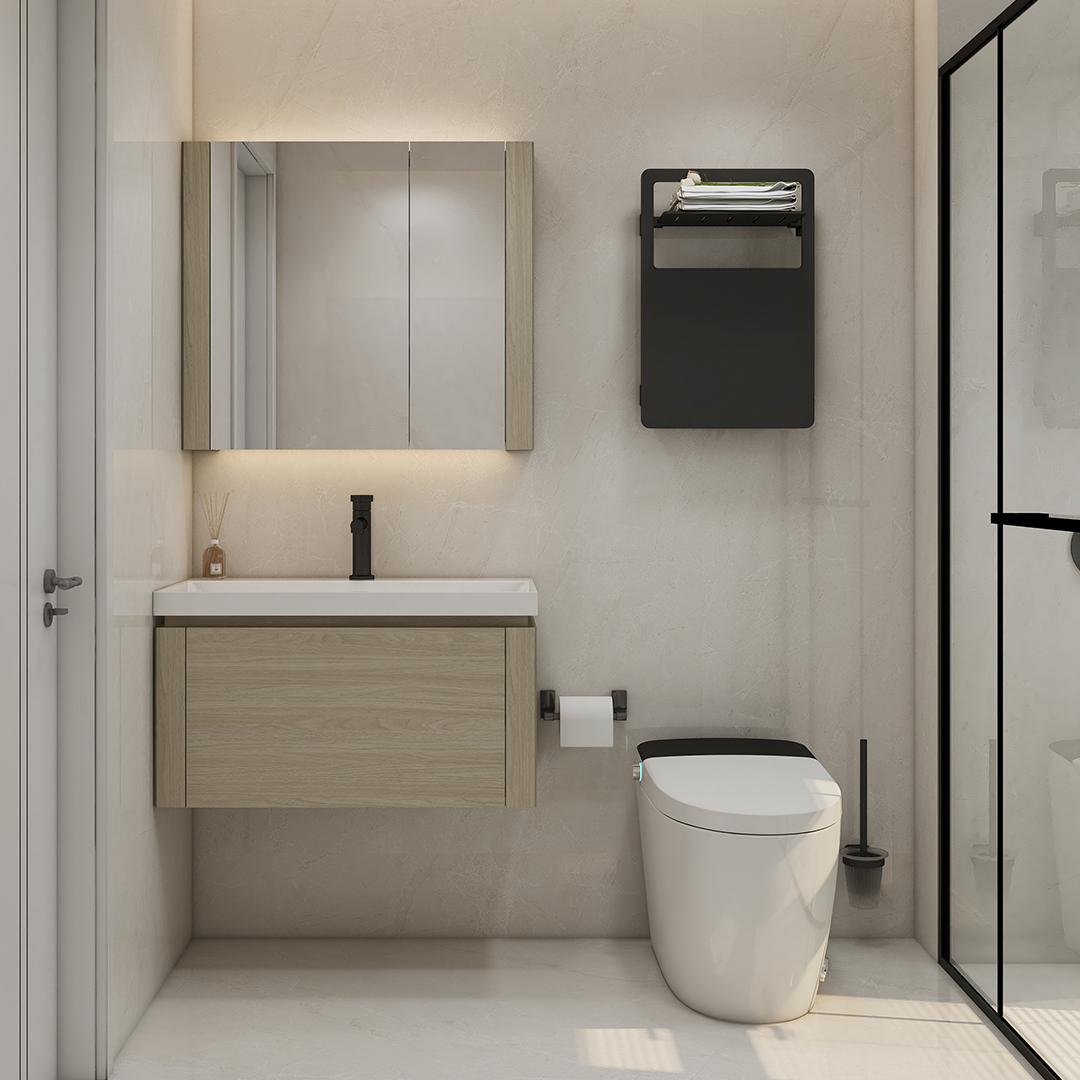 Introducing our Minimalist wood grain color wall mounted bathroom cabinet, a sleek and stylish addition to any bathroom. This exquisite piece features a medicine cabinet with mirror, offering both functionality and elegance. The single bathroom vanity with sink provides a convenient and practical solution for daily grooming routines. The wall mounted bathroom vanity design not only saves space but also adds a modern touch to your bathroom decor. Our high-quality bathroom medicine cabinet with mirror ensures that all your essentials are neatly stored and easily accessible. As a leading bathroom cabinet wholesale supplier, we are pleased to offer this stunning piece at a great value. Don't miss out on our exclusive bathroom cabinets for sale and elevate your bathroom with the Minimalist wood grain color wall mounted bathroom cabinet today. 