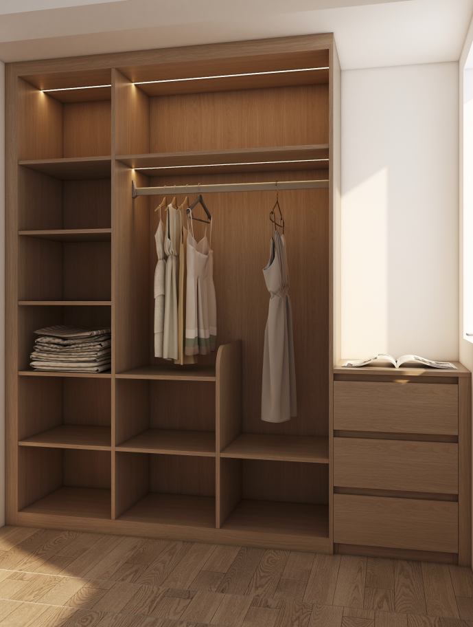 In our recent project for the Martinez family, we designed an elegant and functional bedroom featuring four stylish wardrobes and a custom desk to meet their storage and workspace needs. Each wardrobe, crafted from high-quality materials and finished in a rich small-spliced walnut color, seamlessly integrated into the overall aesthetic of the room, creating a warm and inviting atmosphere.