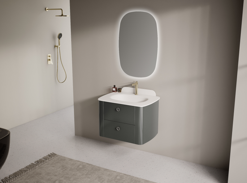 The wall-mounted structure creates visible space underneath the vanity