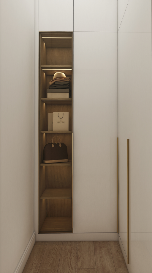 In this elegant master bedroom project, we showcase a stunning L-shaped wardrobe designed to maximize space and enhance functionality. One of the wardrobes features sleek high-gloss white doors paired with aluminum-framed glass doors and a charming Milan Mirage finish. The cabinet body showcases a sophisticated gray walnut veneer, providing a striking contrast that adds depth to the room.   
