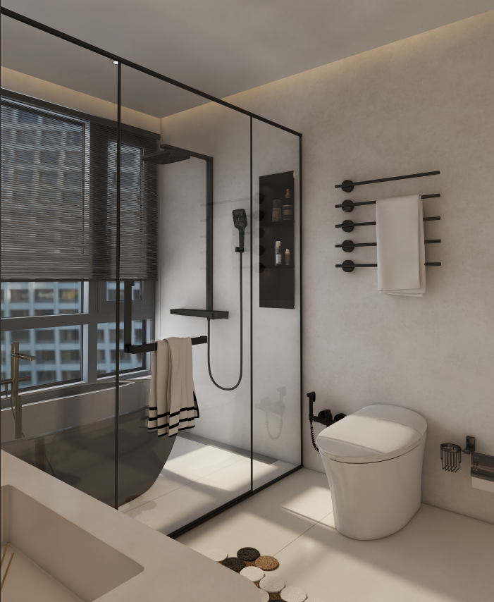 Elegant toilet and bath setup in a contemporary bathroom