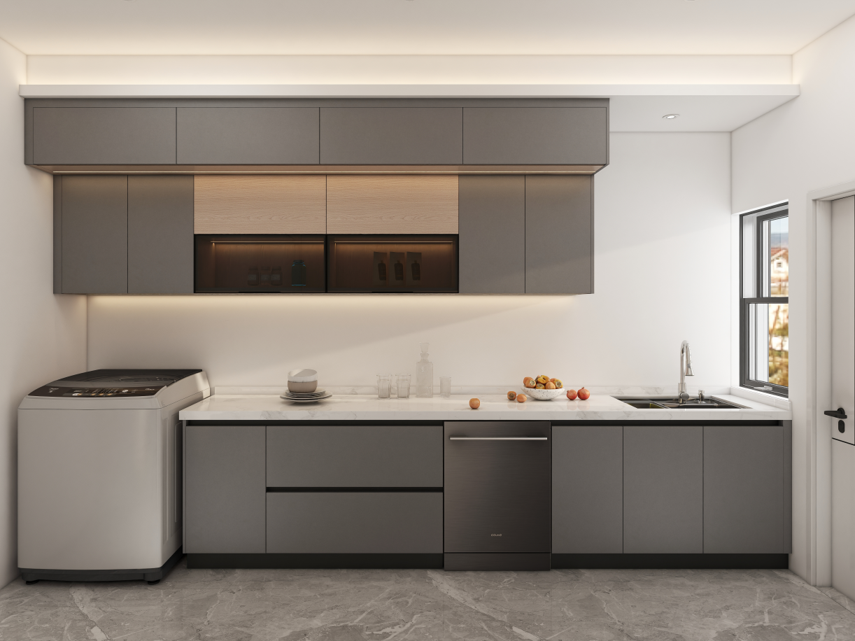 In this remarkable kitchen project, we present an innovative and functional design featuring both U-shaped (4500+4780+4500)*2650*600 mm and straight kitchen cabinets 4300*2650*600mm that optimize space and enhance efficiency. The thoughtfully crafted modular kitchen cabinets include a combination of base units, wall-mounted cabinets, and tall storage units, providing ample kitchen storage solutions tailored for any cooking enthusiast.