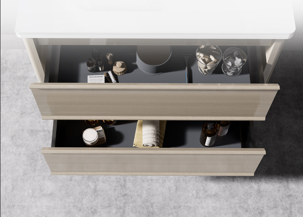 As a wall mounted bathroom vanity, it showcases a sleek design that saves floor space and creates an airy feel. The double drawers provide ample storage for all your bathroom essentials, ensuring everything is neatly organized and easily accessible.