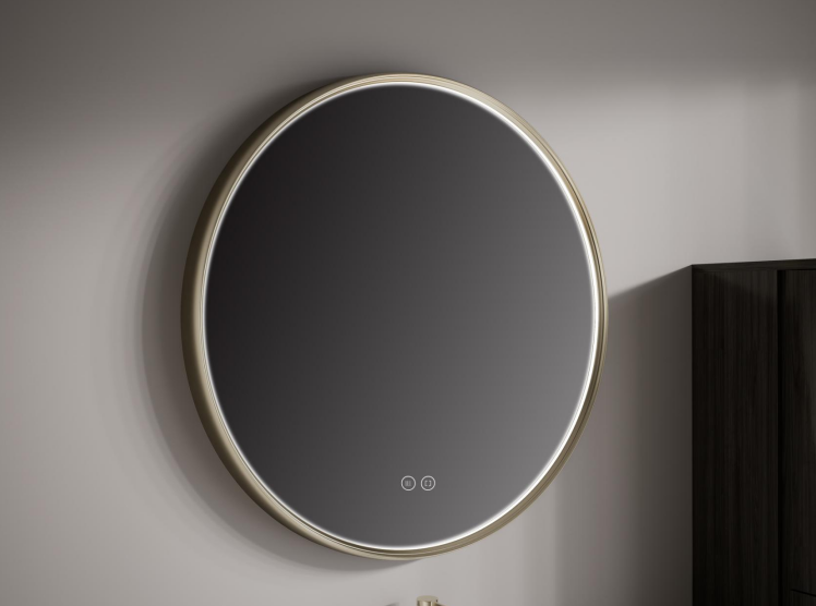ARIA bathroom vanity with round smart mirror in a modern bathroom interior