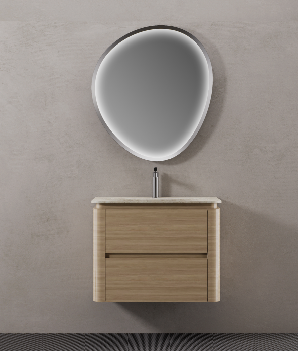 The wall-mounted format provides a different design effect from a floor-standing vanity