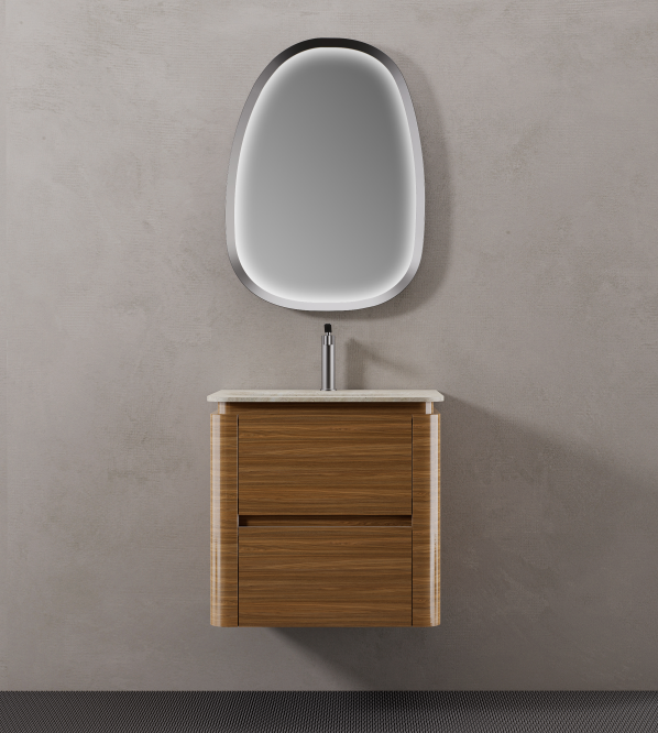 One of the main benefits of a wall mounted bathroom vanity is the open space beneath the cabinet.