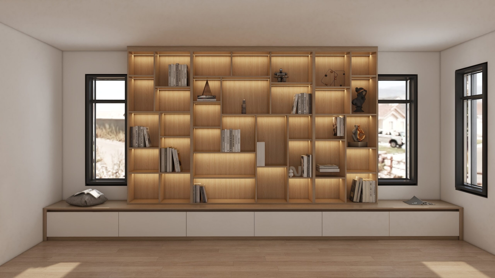 Above, the open bookcase measures 3200mm in width, 300mm in depth, and 2020mm in height. This spacious design allows for an impressive display of books, collectibles, and decorative items. The combination of the wood bookcase's earthy tones with the modern white drawer fronts offers a striking visual contrast, making it a focal point in any room.