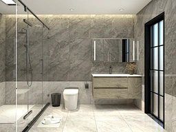 Modern wood grain bathroom cabinet with LED mirror and wash basin