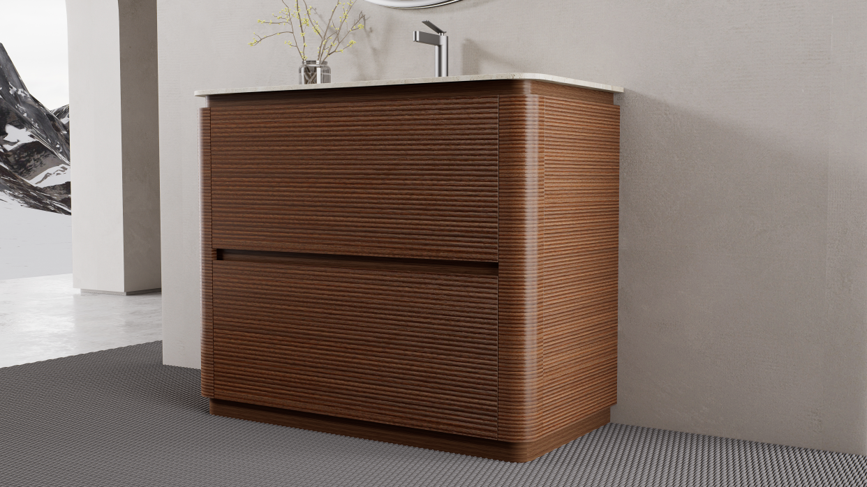 For designers looking for a modern bathroom vanity with more visual character, the combination of curved geometry
