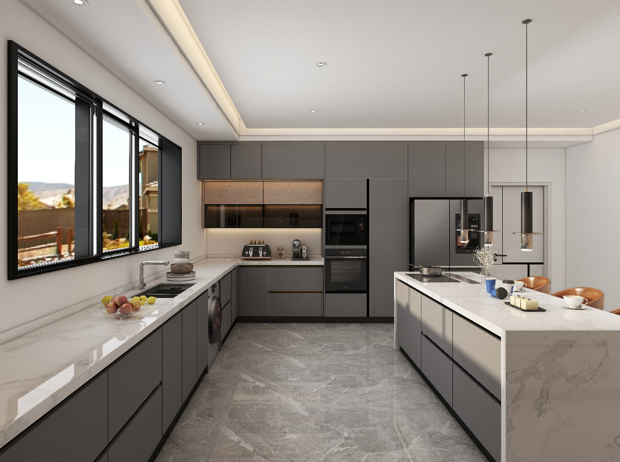 The U-shaped layout allows for a seamless workflow, ideal for multitasking during meal preparation, while the straight cabinets offer a clean and modern look, perfect for smaller kitchens. This combination not only optimizes the available space but also creates a harmonious balance between functionality and style. Overall, this project showcases how well-designed kitchen storage solutions can transform any culinary space into a dream kitchen, reflecting both practicality and elegance for its users.