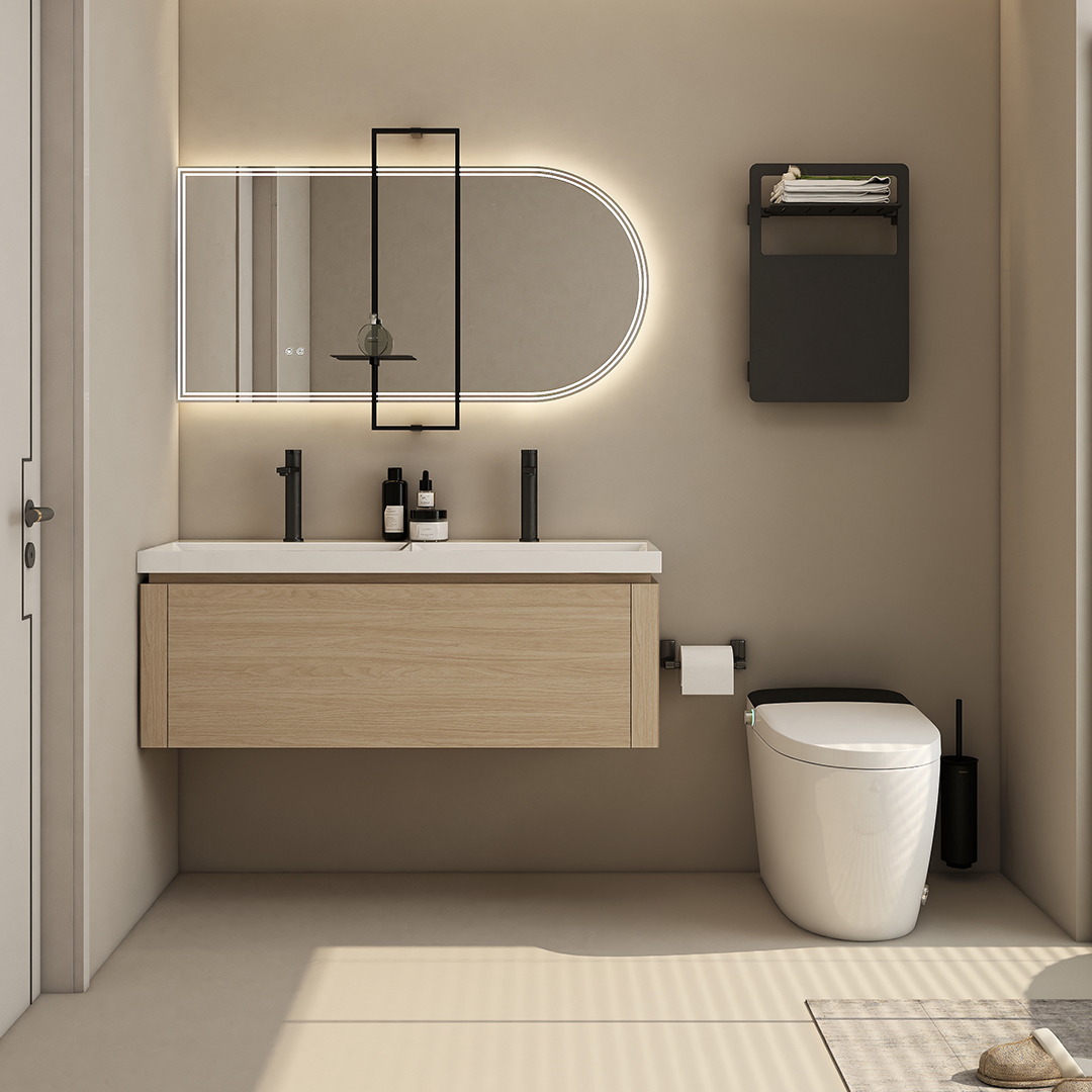 Introducing our Minimalist wood grain color wall mounted bathroom cabinet, a sleek and stylish addition to any bathroom. This exquisite piece features a medicine cabinet with mirror, offering both functionality and elegance. The single bathroom vanity with sink provides a convenient and practical solution for daily grooming routines. The wall mounted bathroom vanity design not only saves space but also adds a modern touch to your bathroom decor. Our high-quality bathroom medicine cabinet with mirror ensures that all your essentials are neatly stored and easily accessible. As a leading bathroom cabinet wholesale supplier, we are pleased to offer this stunning piece at a great value. Don't miss out on our exclusive bathroom cabinets for sale and elevate your bathroom with the Minimalist wood grain color wall mounted bathroom cabinet today.