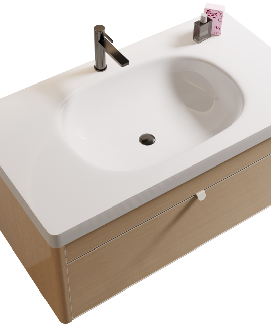 The Corian integrated basin is inspired by the glacial erosion landform. It uses a waterfall-like curved surface to eliminate all seams. The nano self-cleaning glaze makes water stains slide across petals like morning dew, and the hidden drainage system completely hides the function in the form. Here, extreme simplicity is not the end of style, but the starting point of exquisite life.