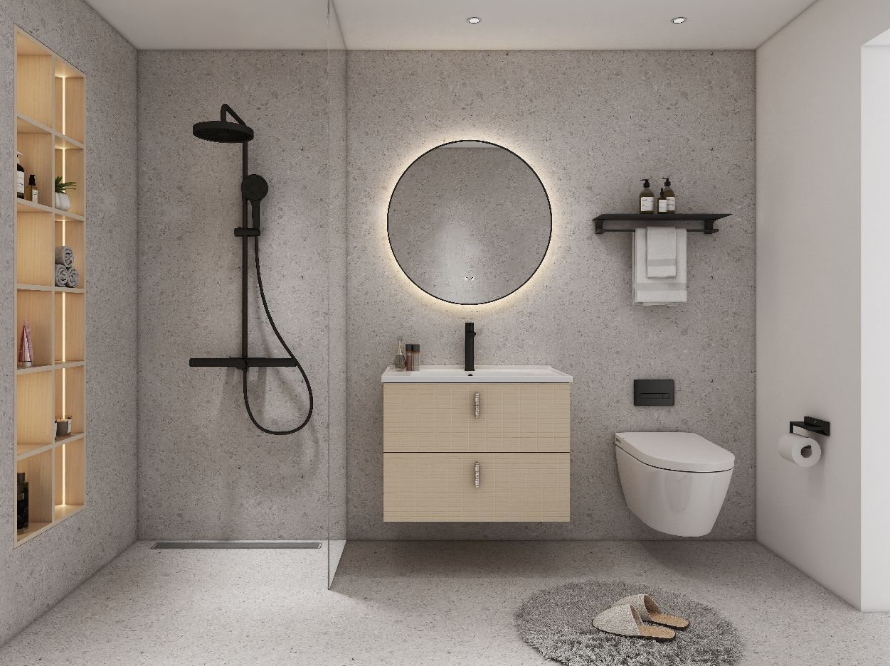 This wall mounted bathroom vanity combines contemporary styling with functional storage, making it suitable for modern residential and commercial bathrooms.