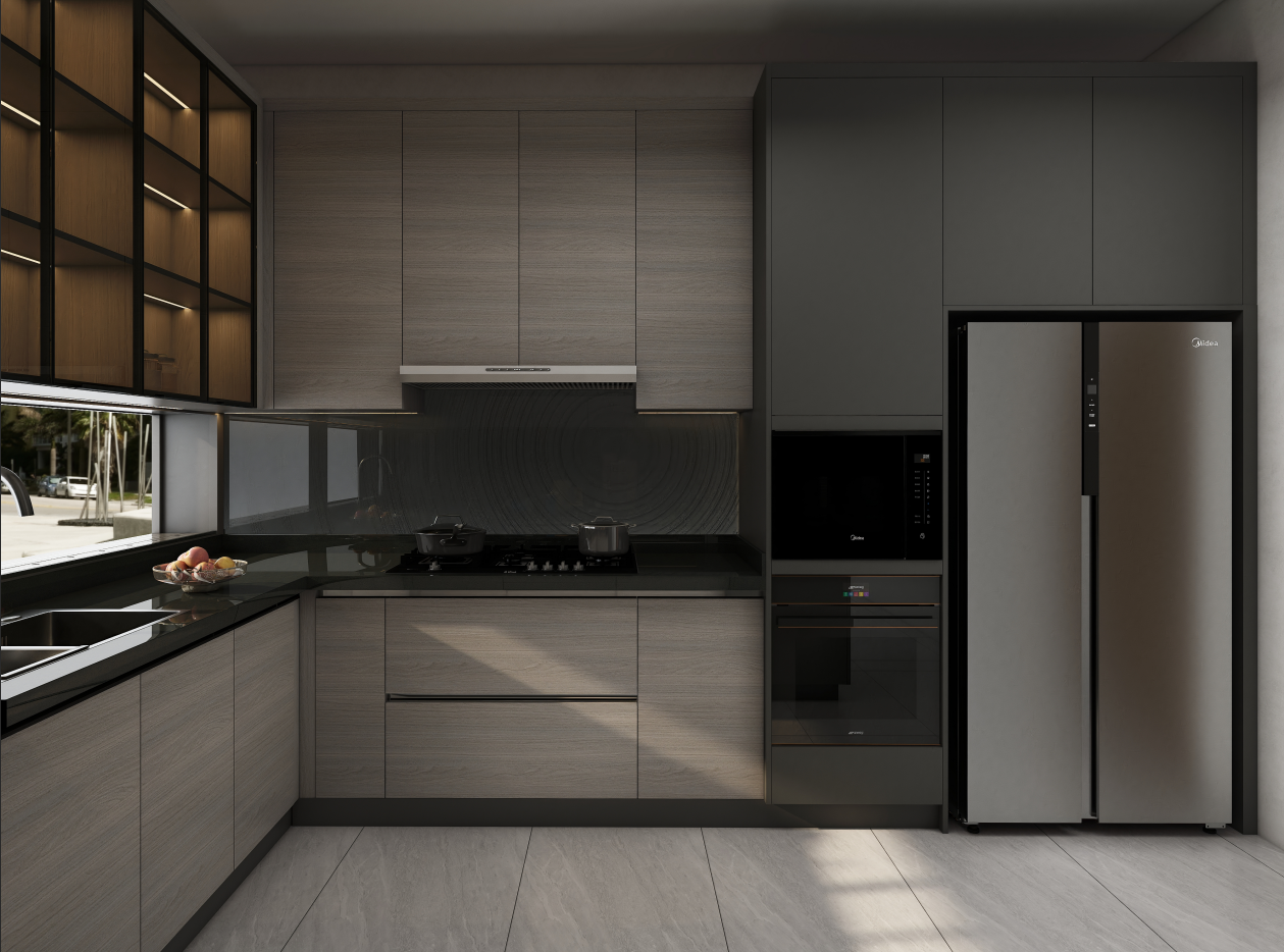 These modular kitchen cabinets setup including base cabinets, wall-mounted cabinets, and a tall storage cabinet, effectively maximizing kitchen storage solutions.