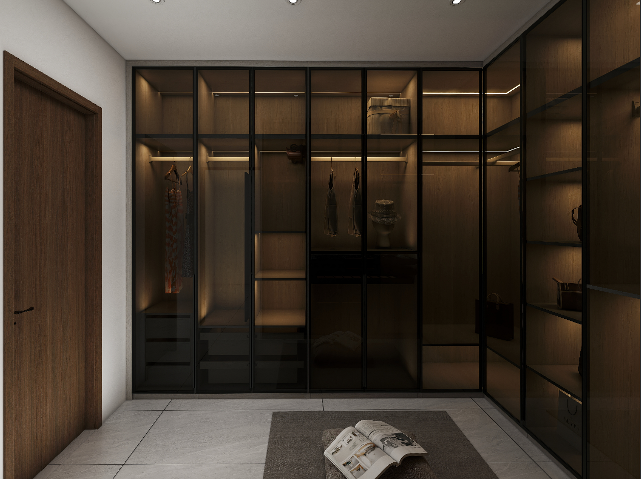 In this exquisite bedroom project, we designed a U-shaped walk-in wardrobe that redefines elegance and functionality.