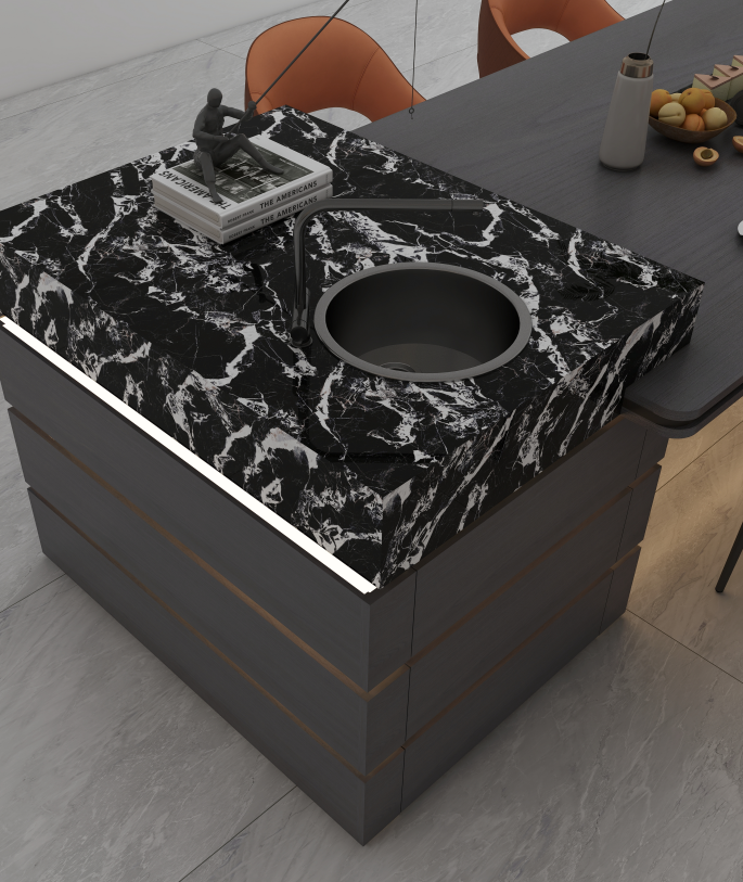 The highlight of this modern kitchen island lies in the motion sensor lights around the cabinet. As you approach, the lights instantly turn on, casting a soft glow that outlines the island’s shape and creates a warm ambiance. Once you leave, they auto-switch off, saving energy while ensuring safety—no more worrying about bumps in the dark. This tech-driven design adds a futuristic touch, enhancing usability during cooking, meal prep, or family gatherings. It’s not just about lighting; it’s about crafting a smarter, cozier living experience.  Safety First: Anti-glare design prevents eye strain, while the soft outline lighting reduces tripping risks in low-light conditions.