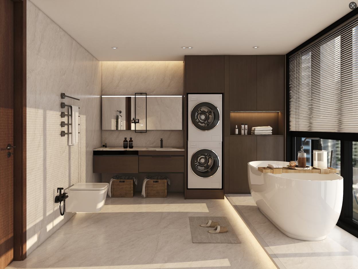 Beyond a standard bar, a movable bathroom storage shelf (a caddy or trolley) makes a great companion for a tub,