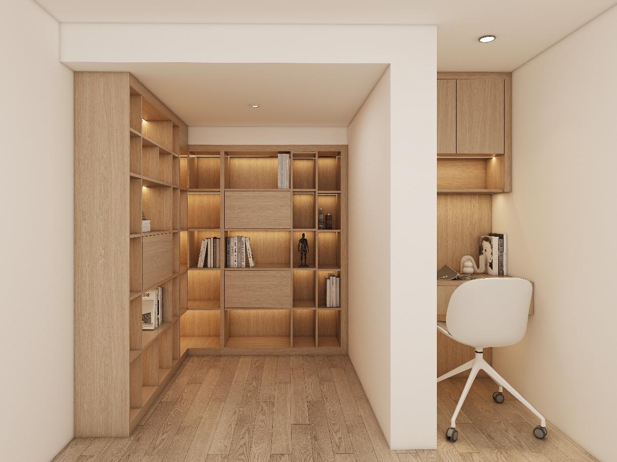 In Martinez family project, we designed an elegant open bookshelf that seamlessly integrates a functional workspace for our client. This stunning wood bookcase measures (1870+1350)mm in width, 2000mm in height, and 350mm in depth, featuring a beautiful Log walnut finish that adds warmth and sophistication to the room.
