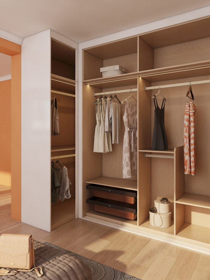 No wasted floor space for door swings, freeing up room for other bedroom furniture