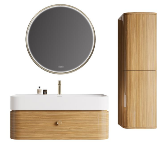 ARIA bathroom vanity with round smart mirror in a modern bathroom interior