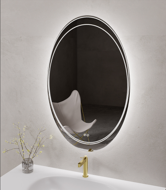 The elliptical halo flowing on the edge of the mirror is like the outline of pebbles polished by streams for thousands of years, turning the cold light of LED into the warmth of morning mist.
