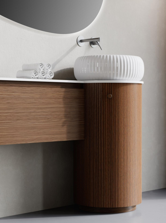 modern bathroom vanity with wood grain texture, curved cylindrical cabinet and ceramic basin