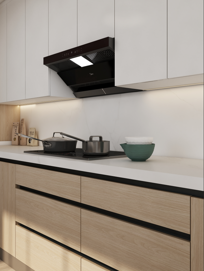 The wall cabinets feature a warm white body and PET white doors, creating a classic contrast with the rich tones of the lower cabinets.