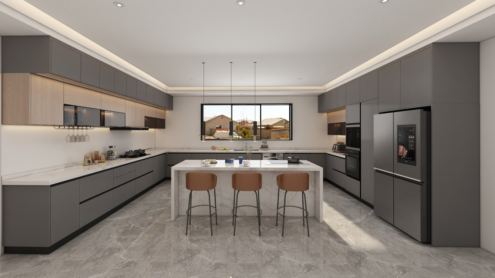 In this remarkable kitchen project, we present an innovative and functional design featuring both U-shaped (4500+4780+4500)*2650*600 mm and straight kitchen cabinets 4300*2650*600mm that optimize space and enhance efficiency. The thoughtfully crafted modular kitchen cabinets include a combination of base units, wall-mounted cabinets, and tall storage units, providing ample kitchen storage solutions tailored for any cooking enthusiast.