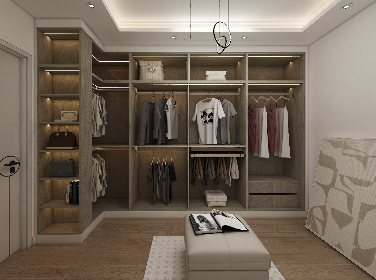 Inside, the wardrobe closet is adorned with illuminated shelves, creating a warm ambiance that highlights each carefully curated item. It includes convenient pant drawers and organized storage bins, making it easy to keep the space tidy and accessible.