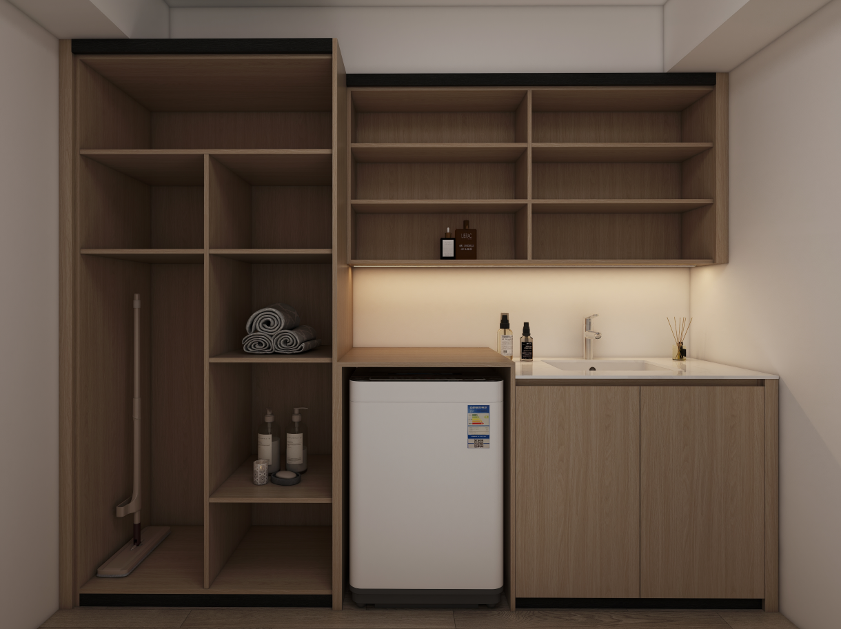 In Martinez family project, we created a stunning laundry room cabinet design that perfectly blends functionality and style. The custom laundry room cabinets, measuring 2755mm in width, 2190mm in height, and 600mm in depth, features a beautiful small-spliced walnut finish for both the cabinet body and doors, adding an inviting warmth to the space.