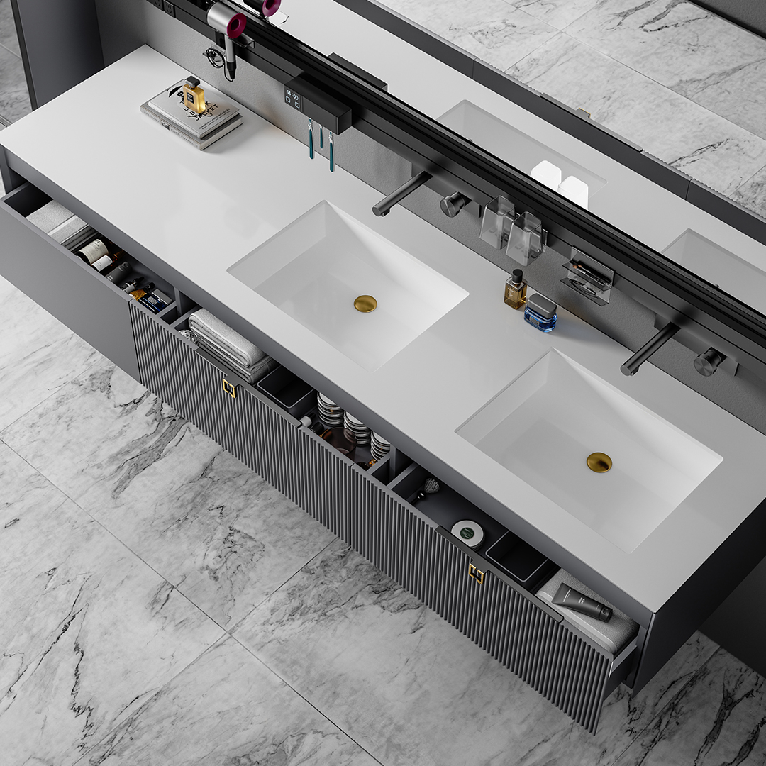The built-in lights offer adjustable brightness, allowing you to customize the ambiance to suit your needs, whether you’re prepping for a big night out or enjoying a relaxing morning routine. The beautiful finish and chic lines make this bathroom cabinet with sink a focal point in your space.