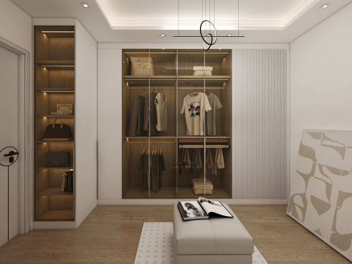 In this elegant master bedroom project, we showcase a stunning L-shaped wardrobe designed to maximize space and enhance functionality. One of the wardrobes features sleek high-gloss white doors paired with aluminum-framed glass doors and a charming Milan Mirage finish. The cabinet body showcases a sophisticated gray walnut veneer, providing a striking contrast that adds depth to the room.
