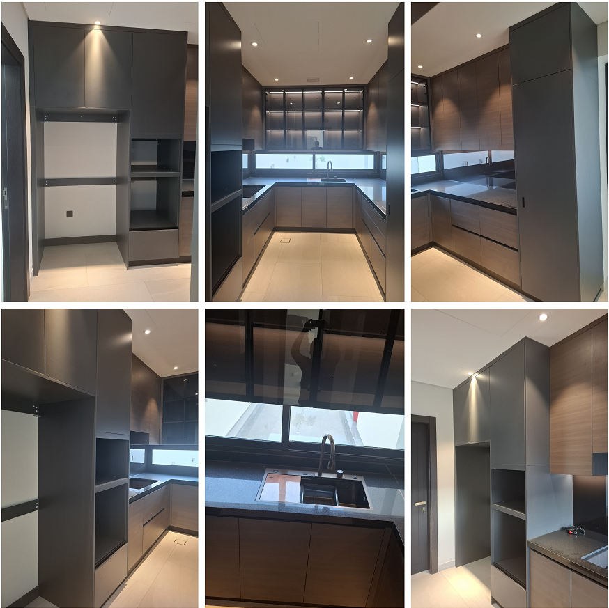 Customed 18mm plywood clean kitchen cabinet whole set including floor cabinet, wall-hung cabinet, high cabinet, quarz countertop, sink and faucet,