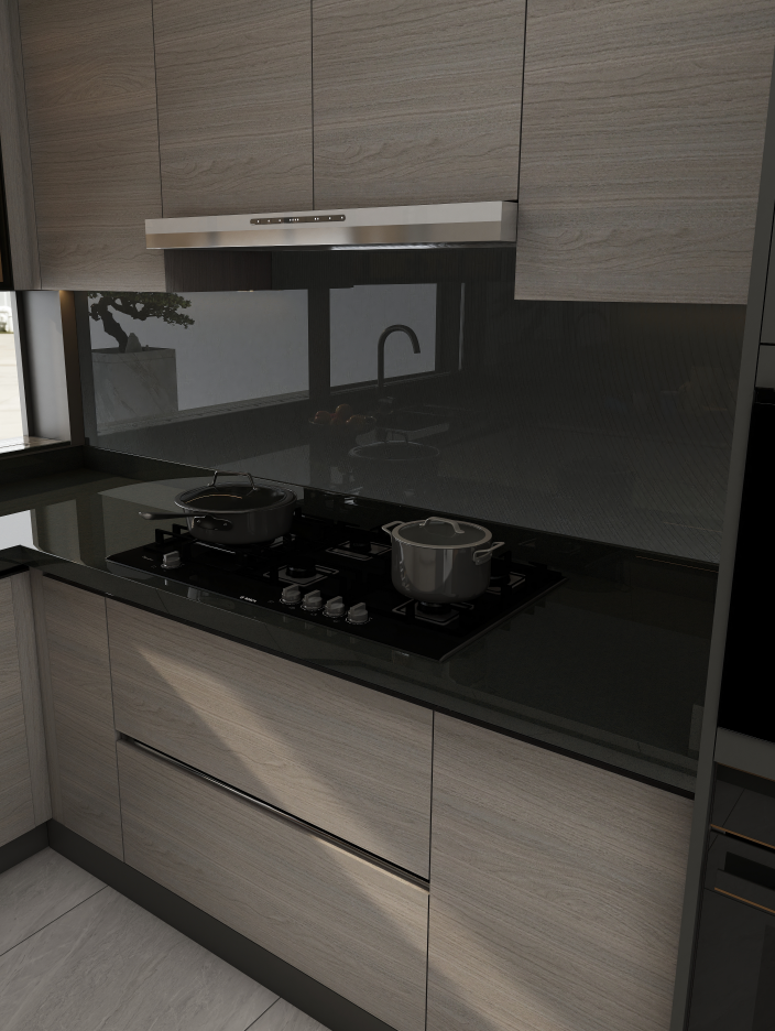 The inclusion of custom shelving and pull-out drawers enhances functionality, allowing for a seamless workflow during meal preparation.