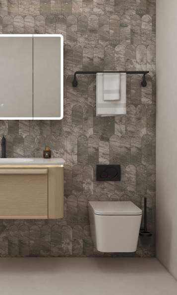 The clean lines of a concealed toilet tank are a hallmark of minimalist design.