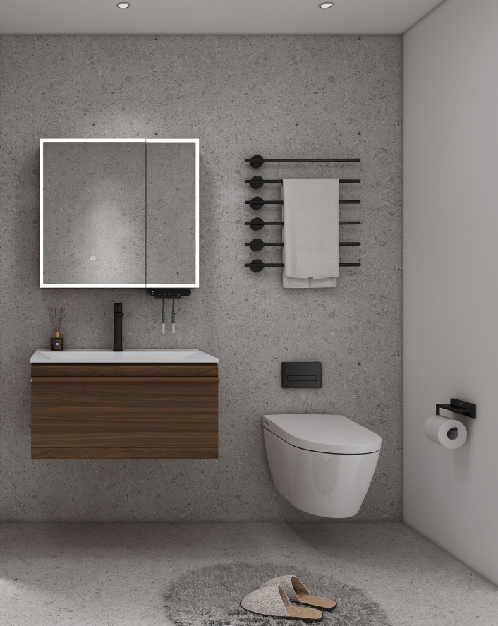 For a cleaner look, pair open towel bars with a bathroom cabinet, especially a mirror cabinet