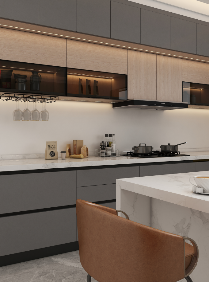 The use of high-quality plywood for the kitchen cabinets ensures durability while adding a warm aesthetic to the space. The plywood kitchen cabinets, each section is meticulously designed to maximize storage, featuring clever kitchen cabinet organizers that keep essentials neatly arranged and easily accessible.