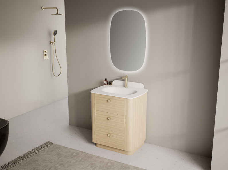 These details work together to create a freestanding bathroom vanity