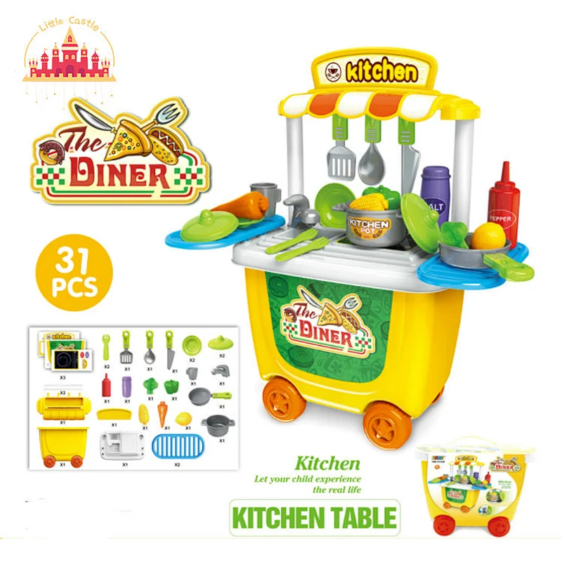 31 Pcs Yellow Color Kids Kitchen Table Plastic Cutlery Cart Toy SL10D059